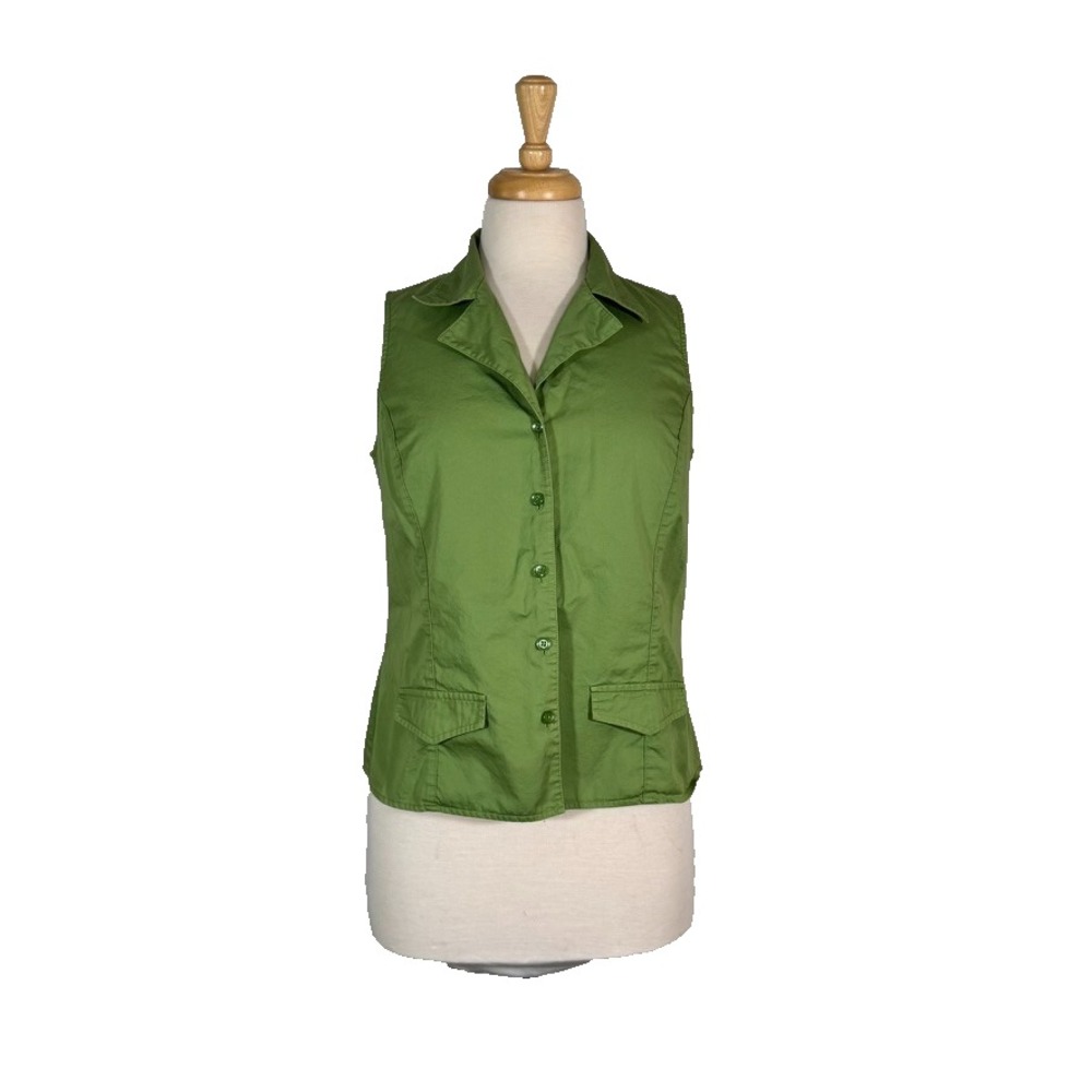 VTG Talbots Button Up Collard Tank Top Green Size 8 Womens Rockabilly